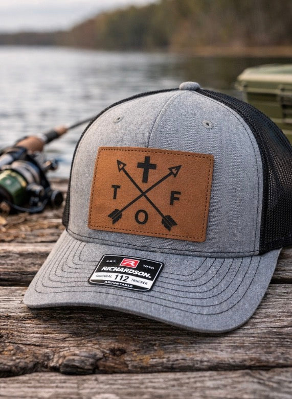 Heather Grey and Black Richardson 112 Trail of Faith Leather Logo Hat