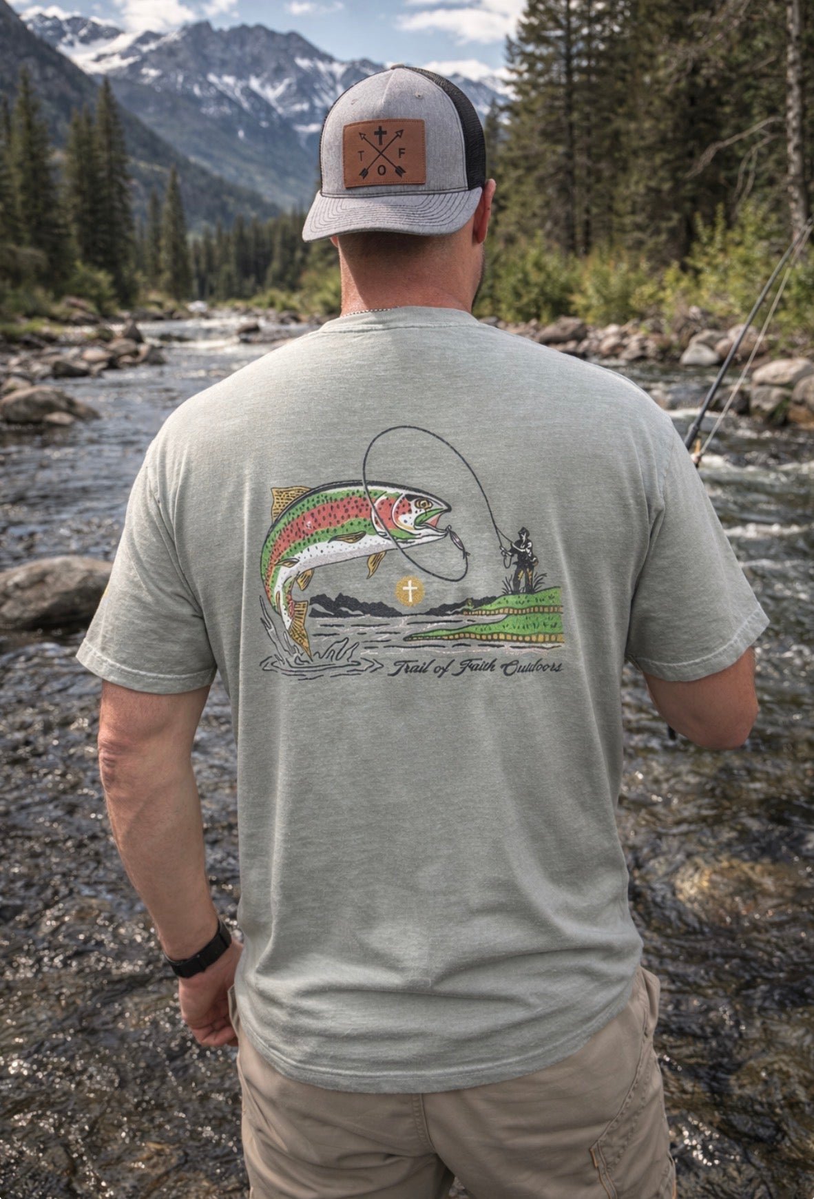 Trout Fishing Comfort Color T-Shirt w/ Pocket Chambray Color